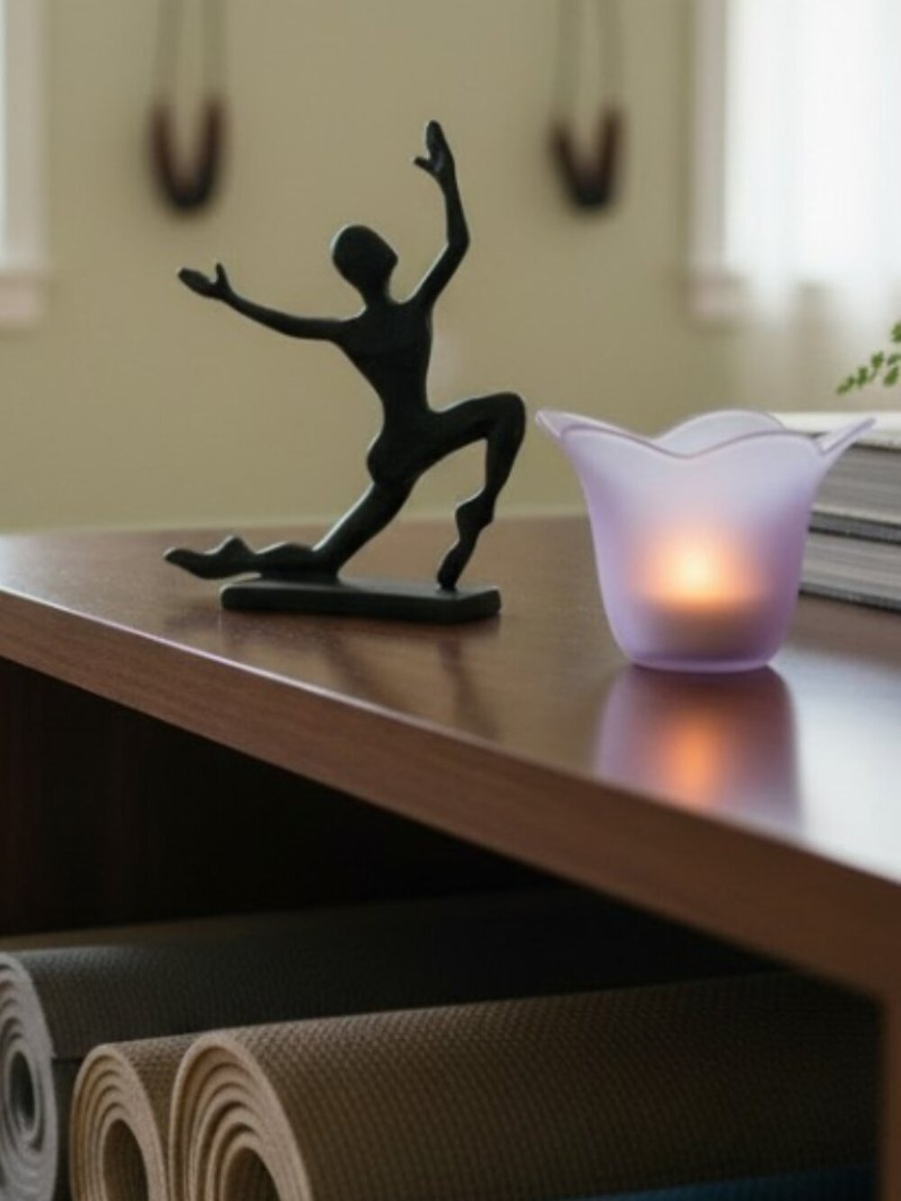 HANDMADE -- Black Wood Yogi w/Lotus Flower Candle Cup, Yoga Studio Decor, 2 Pc